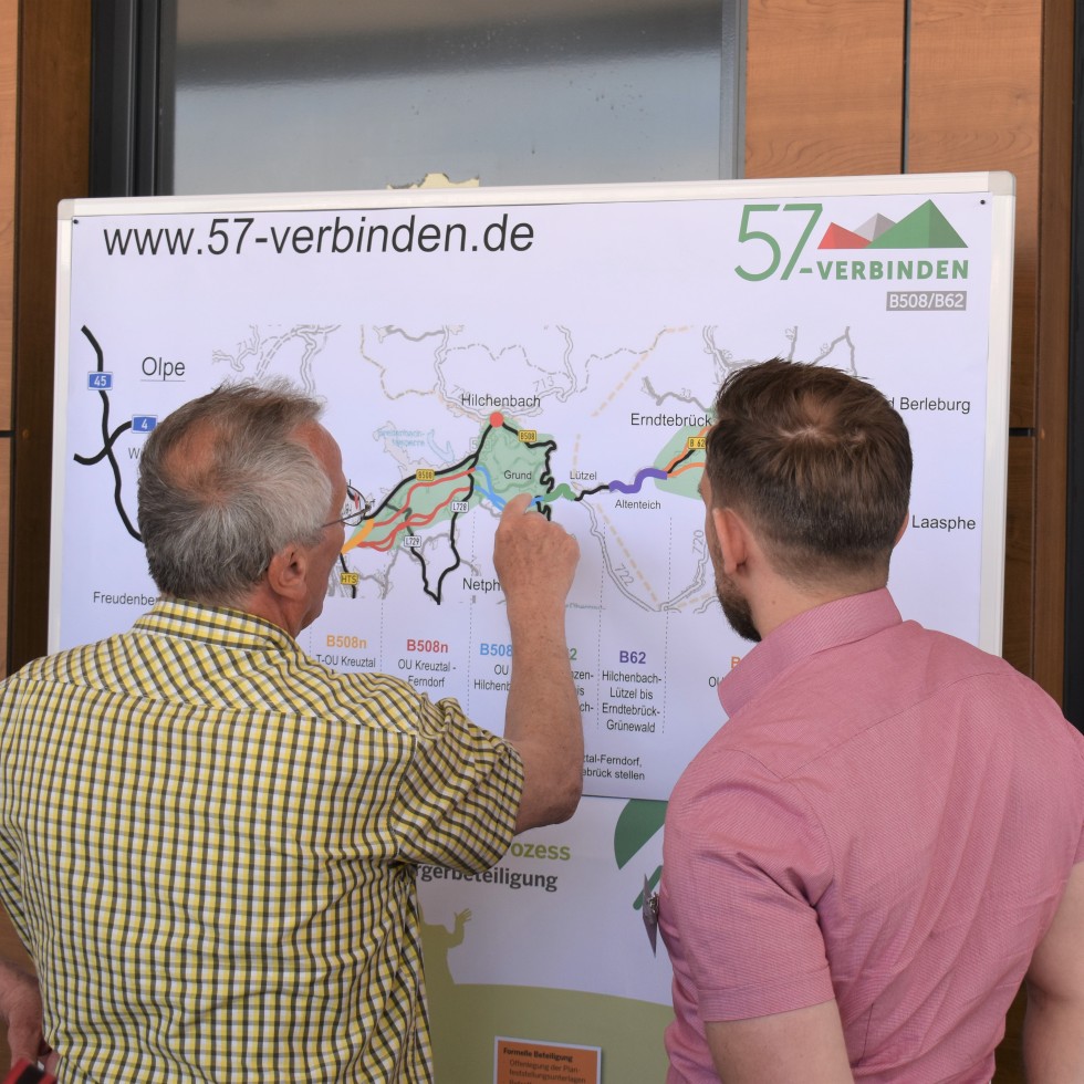 Zwei Personen stehen schauen sich gemeinsam eine Planungskarte an.